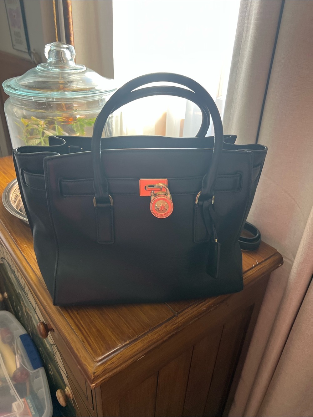 Michael Kors Classic Black Leather Satchel Handbag with Gold Hardware